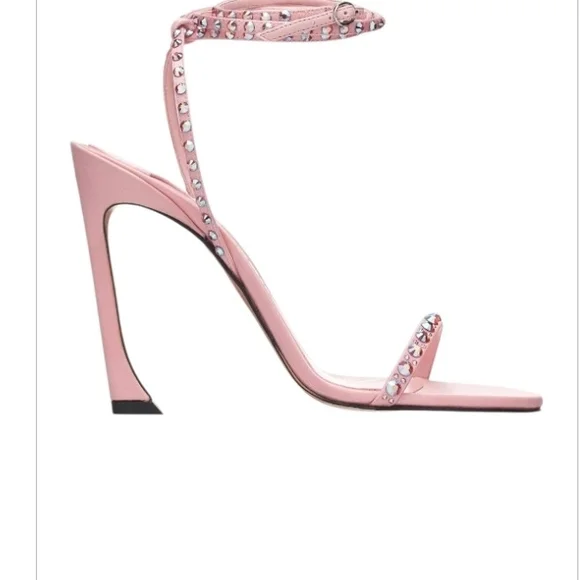 Piferi Satin Vegan Leather Ankle Wrap Stylish Pink Rhinestone Heels Size 37 Or 7 - Picture 2 of 14